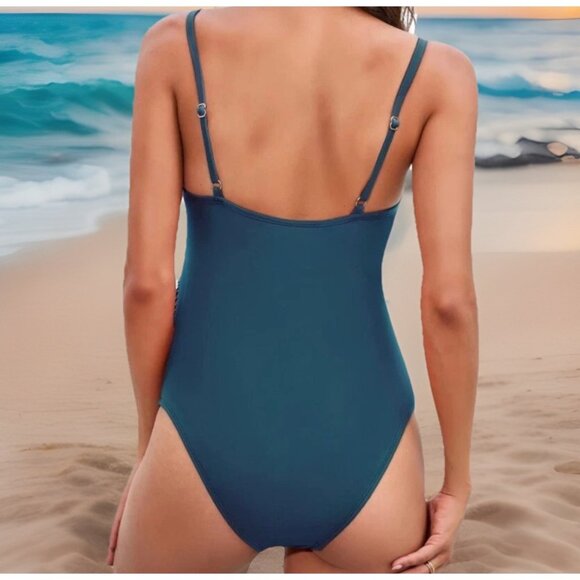 Cupshe Maternity One Piece Swimsuit Medium Dark Blue V-Neck Ruched Tummy Support - Picture 4 of 11